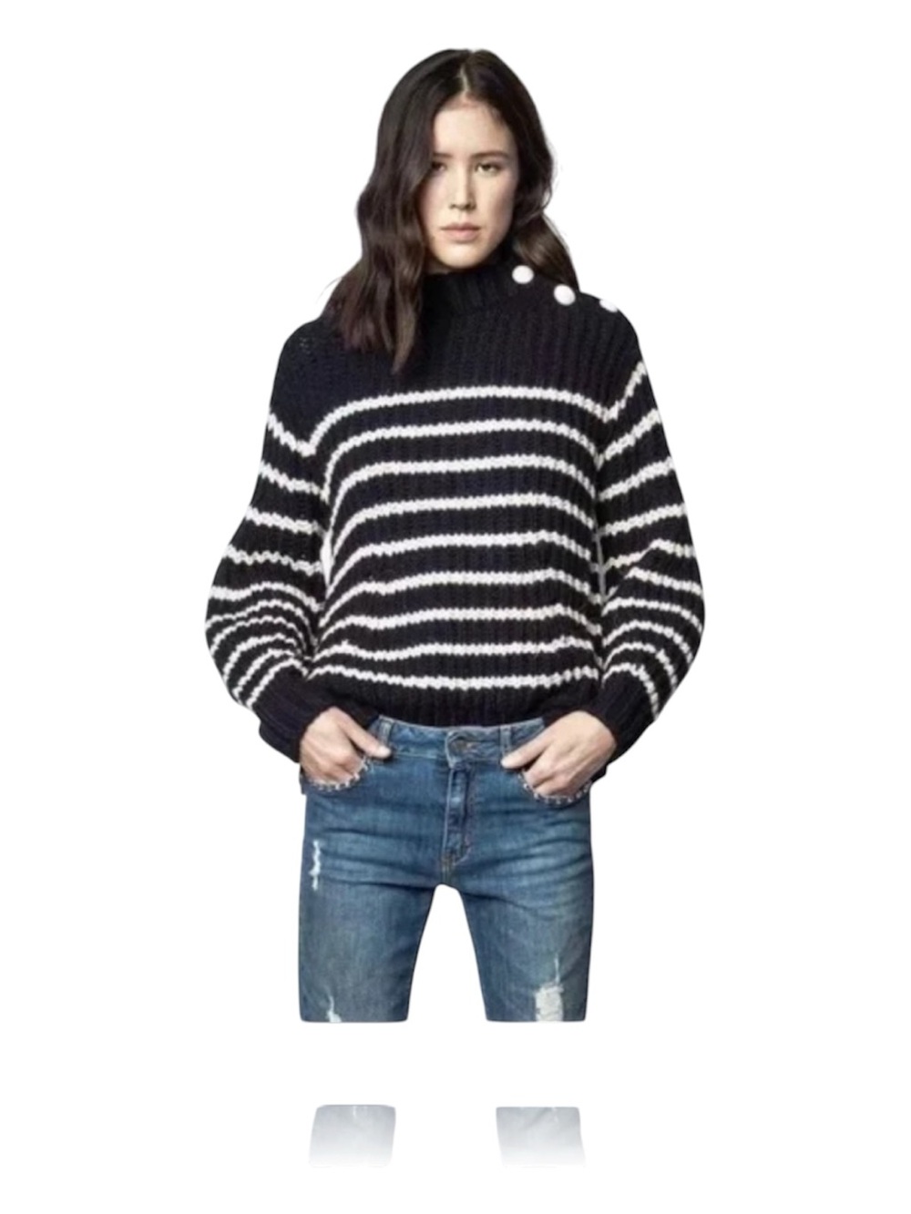 Zadig & Voltaire Marlon Black and White Striped Alpaca Blend Chunky Sweater